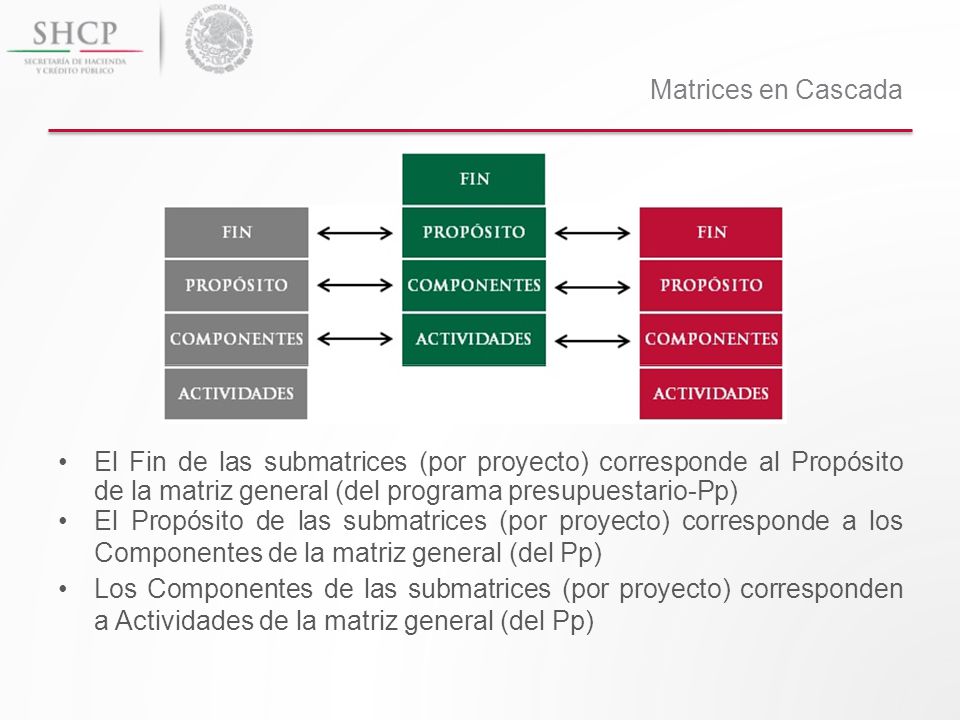 Matrices en Cascada El Fin de las submatrices (por proyecto) corresponde al Propósito de la matriz general (del programa presupuestario-Pp)