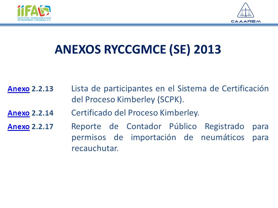 ANEXOS RYCCGMCE (SE) 2013 Anexo Lista de participantes en el Sistema de Certificación del Proceso Kimberley (SCPK).