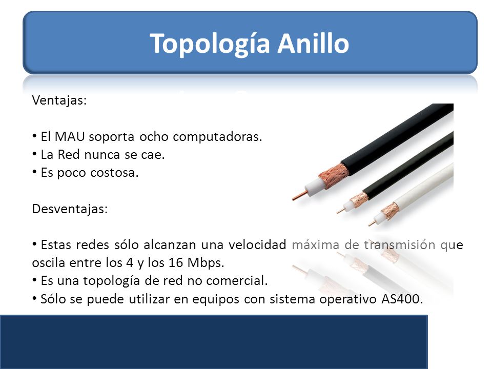 Topología Anillo Ventajas: El MAU soporta ocho computadoras.