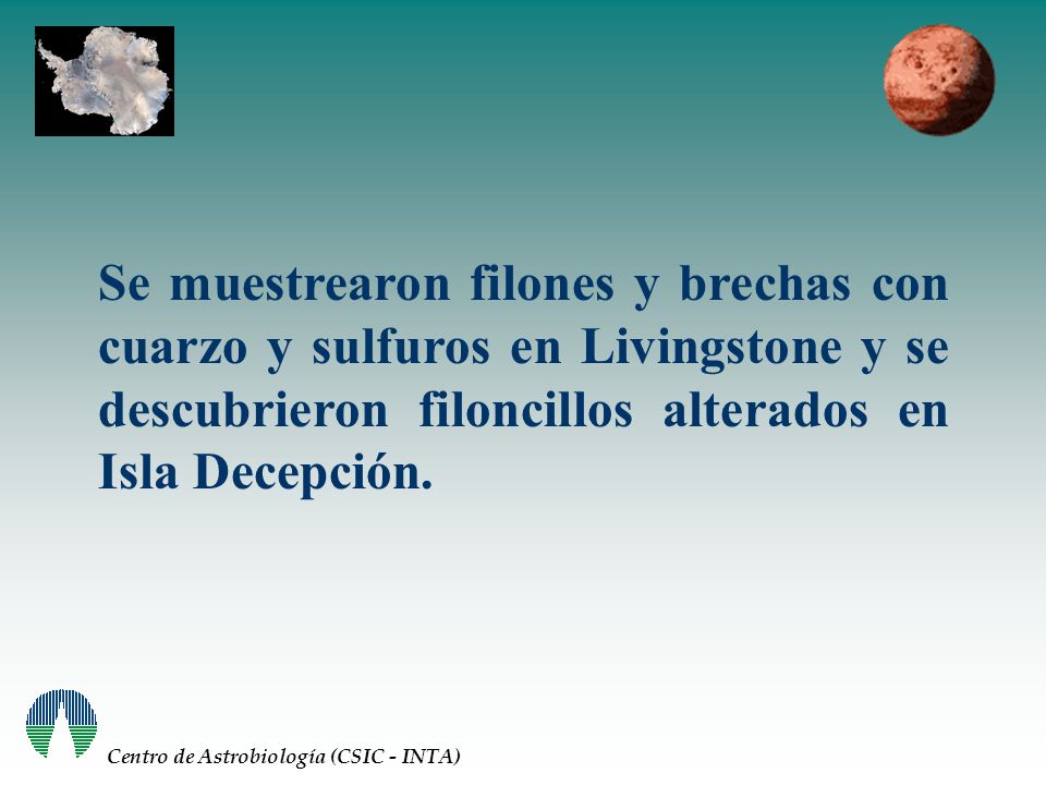 Se muestrearon filones y brechas con cuarzo y sulfuros en Livingstone y se descubrieron filoncillos alterados en Isla Decepción.