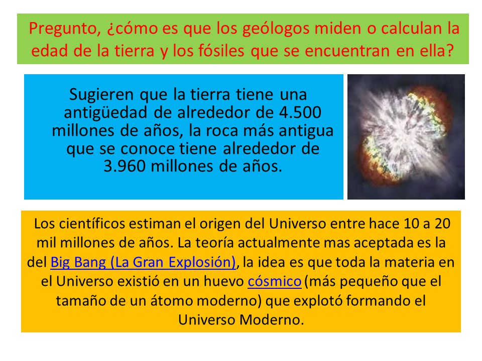 Pregunto, ¿cómo es que los geólogos miden o calculan la edad de la tierra y los fósiles que se encuentran en ella