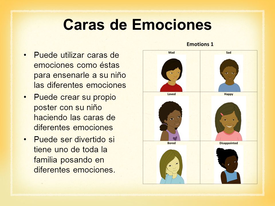 Caras de Emociones Puede utilizar caras de emociones como éstas para ensenarle a su niño las diferentes emociones.