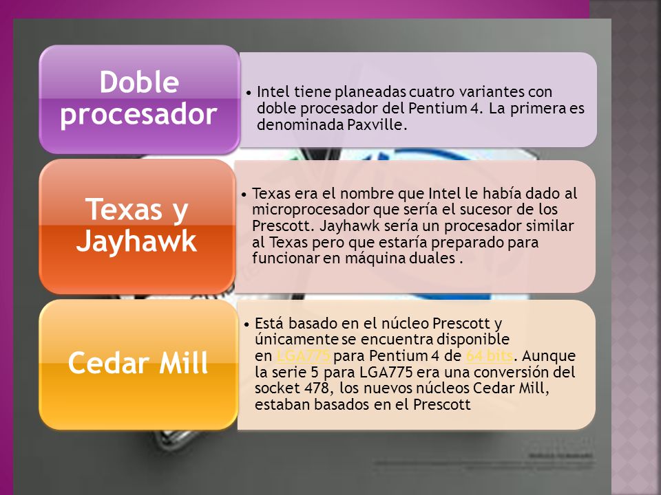 Doble procesador Intel tiene planeadas cuatro variantes con doble procesador del Pentium 4. La primera es denominada Paxville.