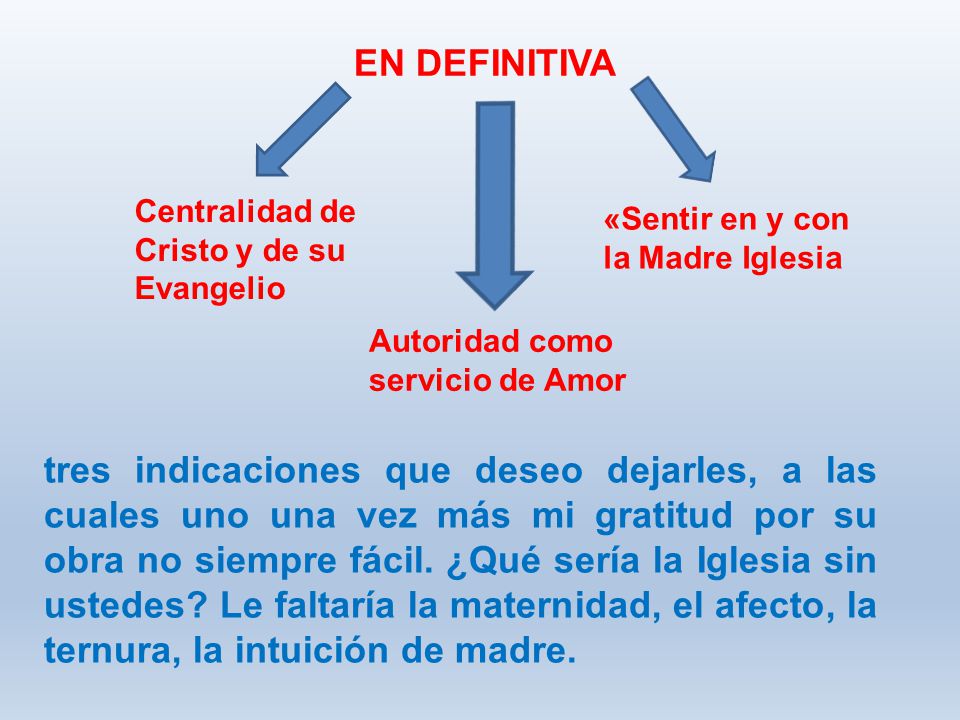 EN DEFINITIVA Centralidad de Cristo y de su Evangelio. «Sentir en y con la Madre Iglesia. Autoridad como servicio de Amor.