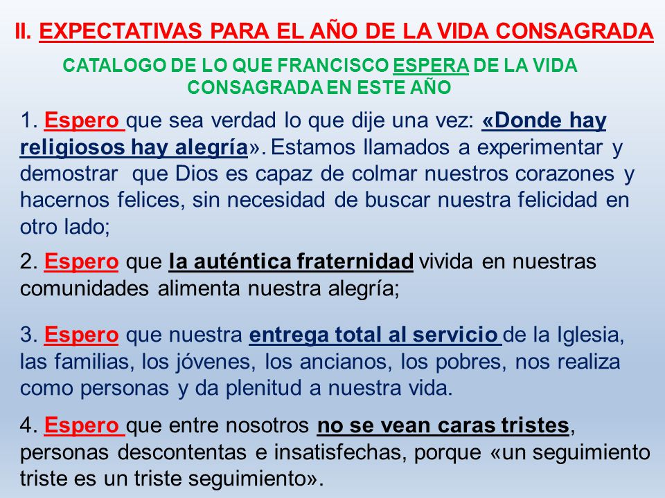 CATALOGO DE LO QUE FRANCISCO ESPERA DE LA VIDA CONSAGRADA EN ESTE AÑO