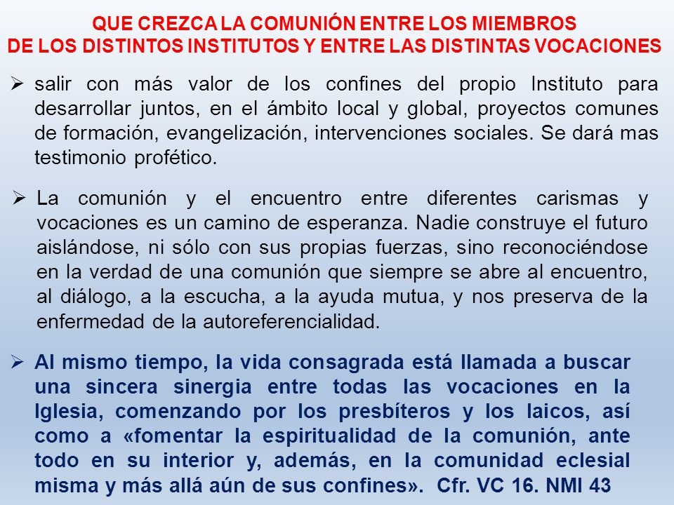 QUE CREZCA LA COMUNIÓN ENTRE LOS MIEMBROS DE LOS DISTINTOS INSTITUTOS Y ENTRE LAS DISTINTAS VOCACIONES