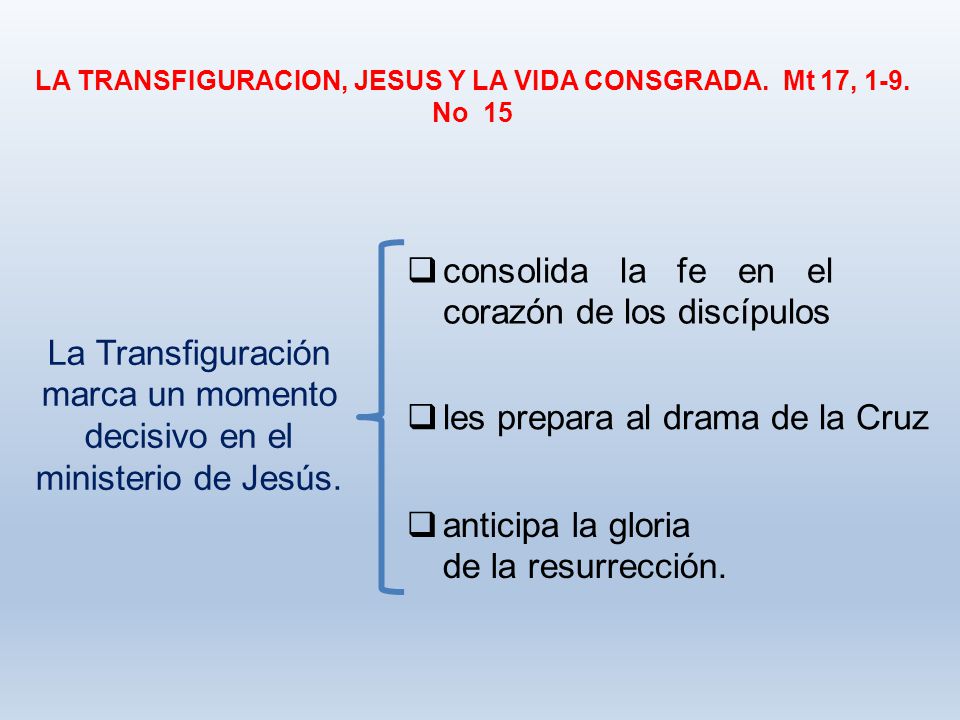 LA TRANSFIGURACION, JESUS Y LA VIDA CONSGRADA. Mt 17, 1-9. No 15