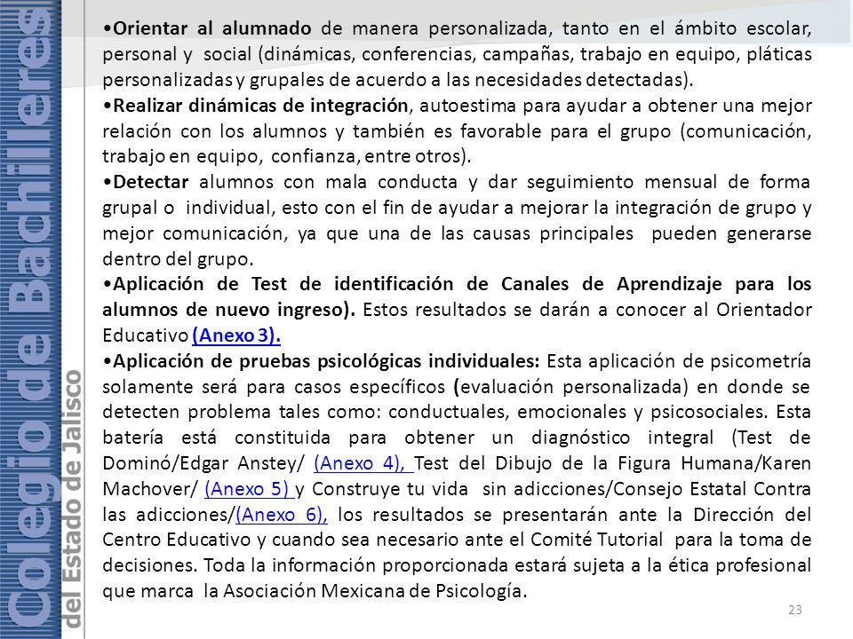 Orientar al alumnado de manera personalizada, tanto en el ámbito escolar, personal y social (dinámicas, conferencias, campañas, trabajo en equipo, pláticas personalizadas y grupales de acuerdo a las necesidades detectadas).