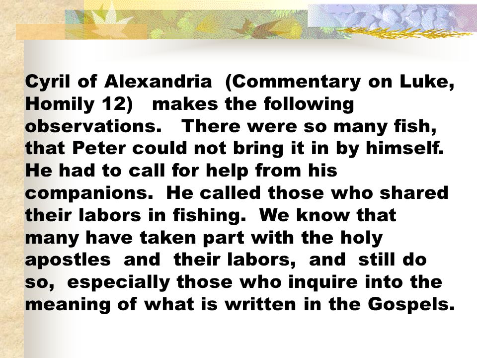 Cyril of Alexandria (Commentary on Luke, Homily 12) makes the following observations.