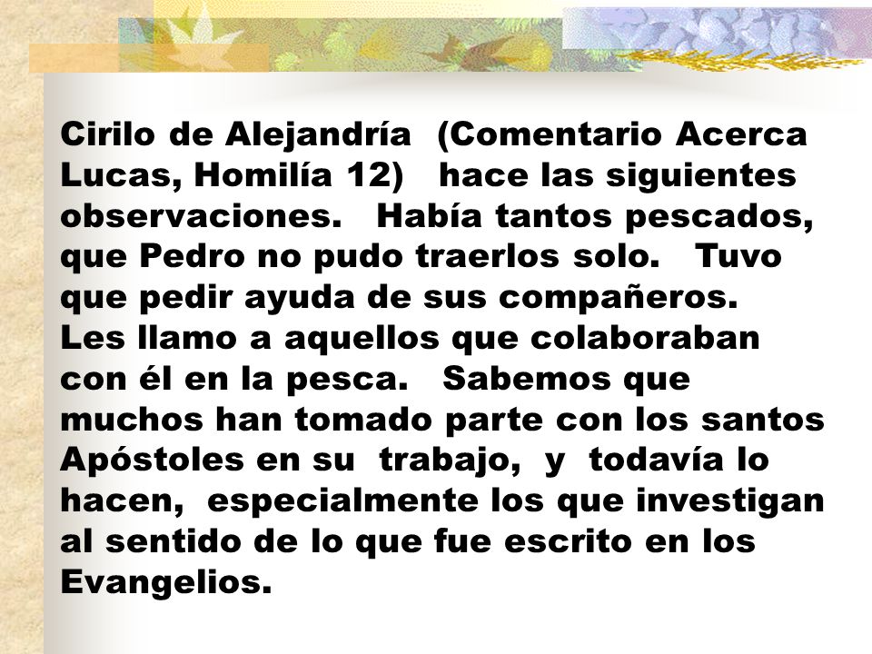 Cirilo de Alejandría (Comentario Acerca Lucas, Homilía 12) hace las siguientes observaciones.