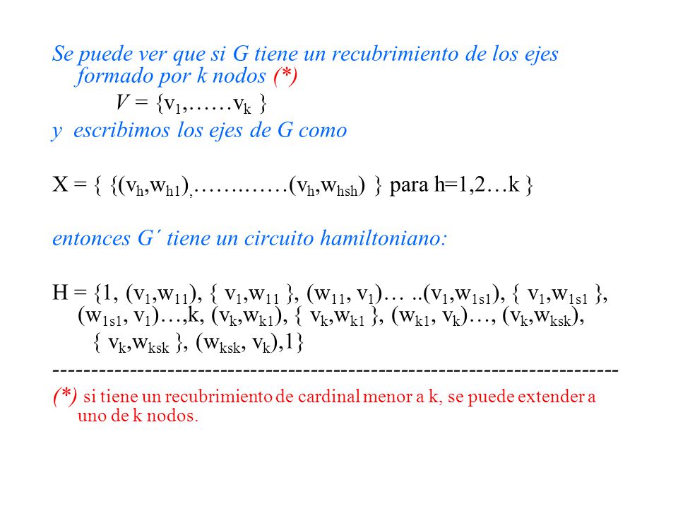 Se puede ver que si G tiene un recubrimiento de los ejes formado por k nodos (*)