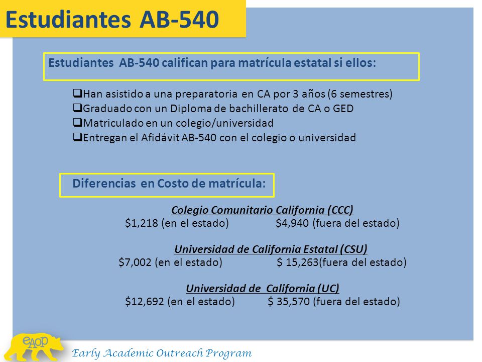 Estudiantes AB-540 Estudiantes AB-540 califican para matrícula estatal si ellos: Han asistido a una preparatoria en CA por 3 años (6 semestres)