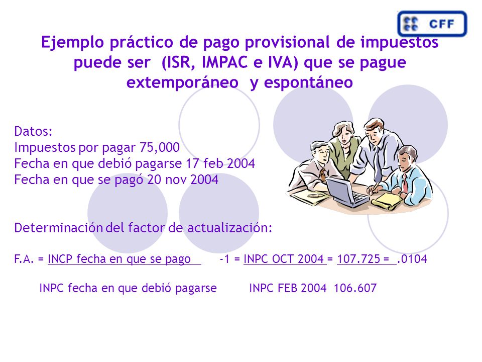 Ejemplo práctico de pago provisional de impuestos puede ser (ISR, IMPAC e IVA) que se pague extemporáneo y espontáneo