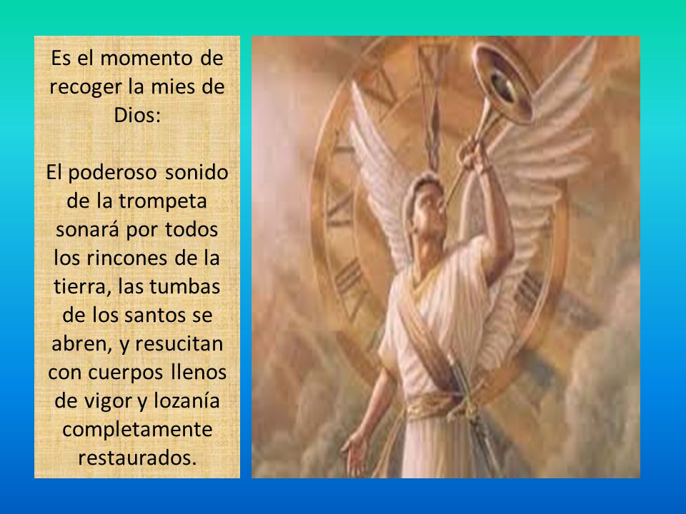 Es el momento de recoger la mies de Dios: El poderoso sonido de la trompeta sonará por todos los rincones de la tierra, las tumbas de los santos se abren, y resucitan con cuerpos llenos de vigor y lozanía completamente restaurados.