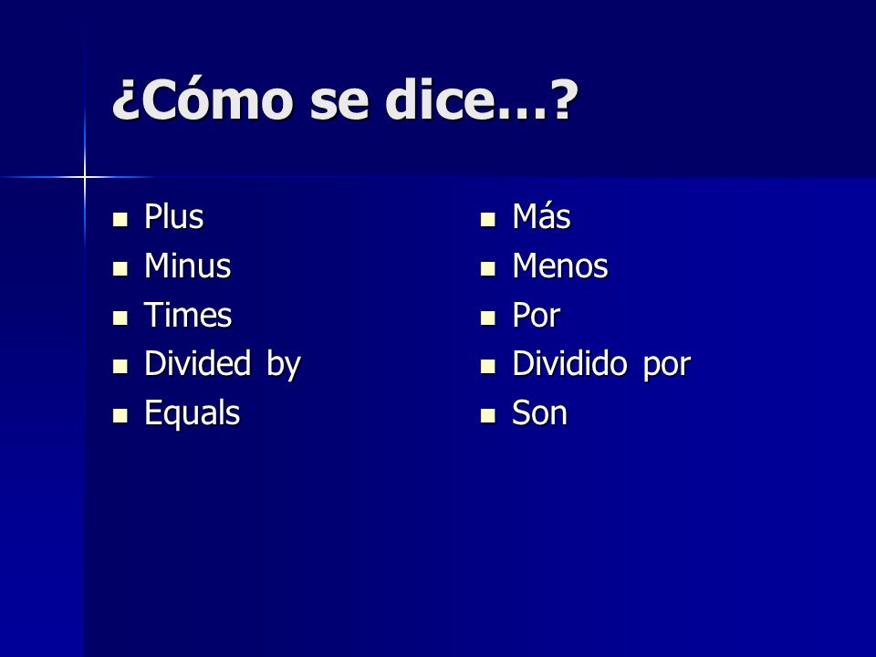¿Cómo se dice… Plus Minus Times Divided by Equals Más Menos Por
