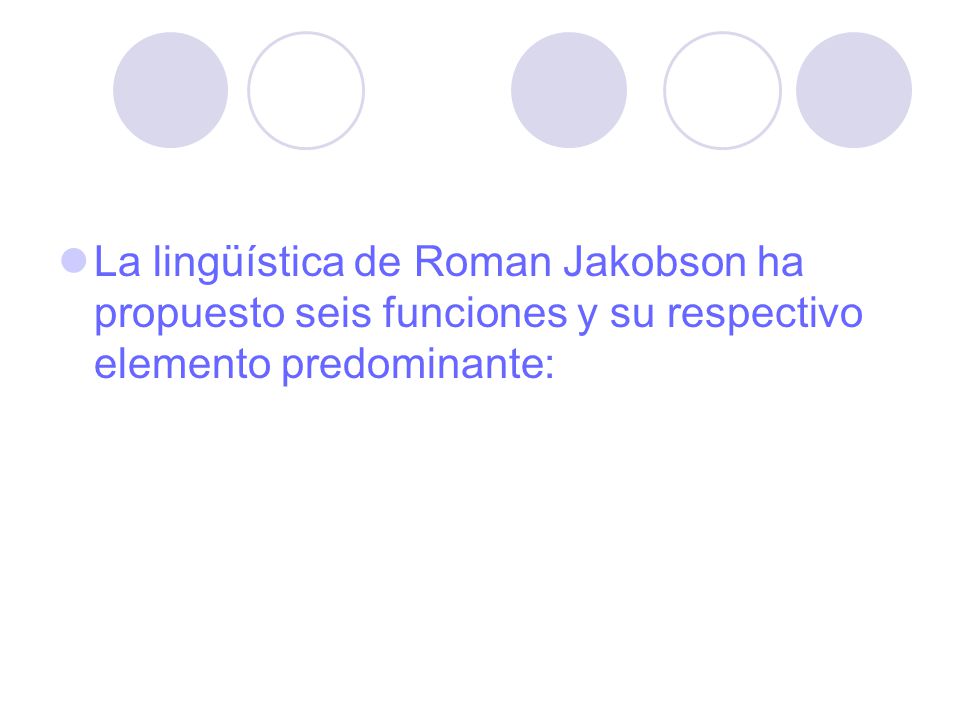 La lingüística de Roman Jakobson ha propuesto seis funciones y su respectivo elemento predominante: