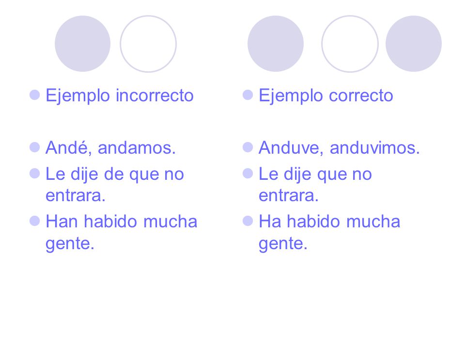 Ejemplo incorrecto Andé, andamos. Le dije de que no entrara. Han habido mucha gente. Ejemplo correcto.