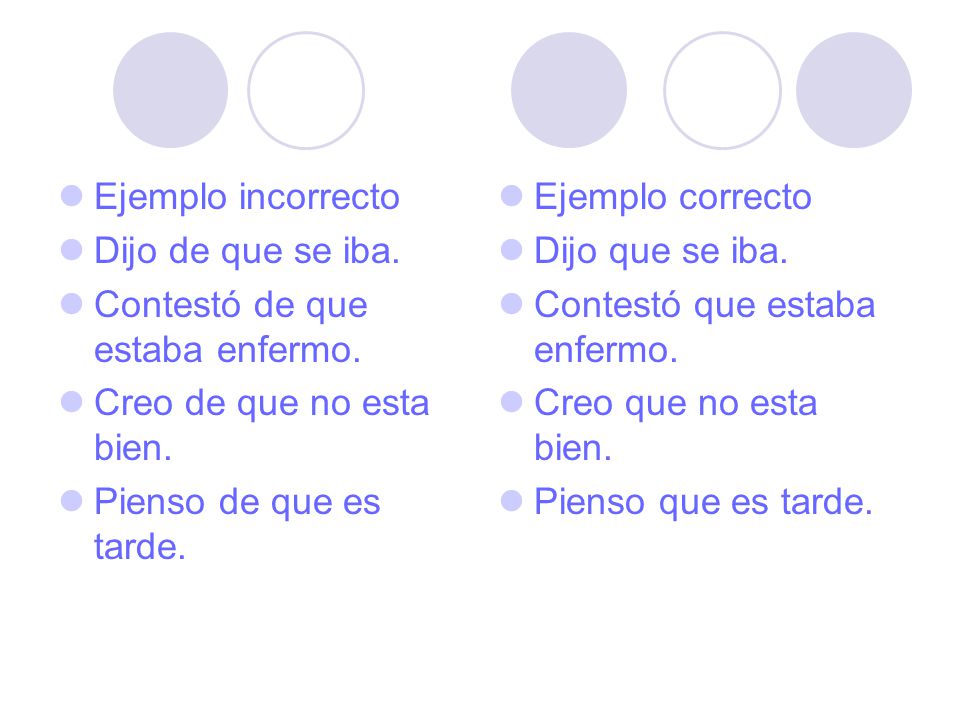 Ejemplo incorrecto Dijo de que se iba. Contestó de que estaba enfermo. Creo de que no esta bien. Pienso de que es tarde.