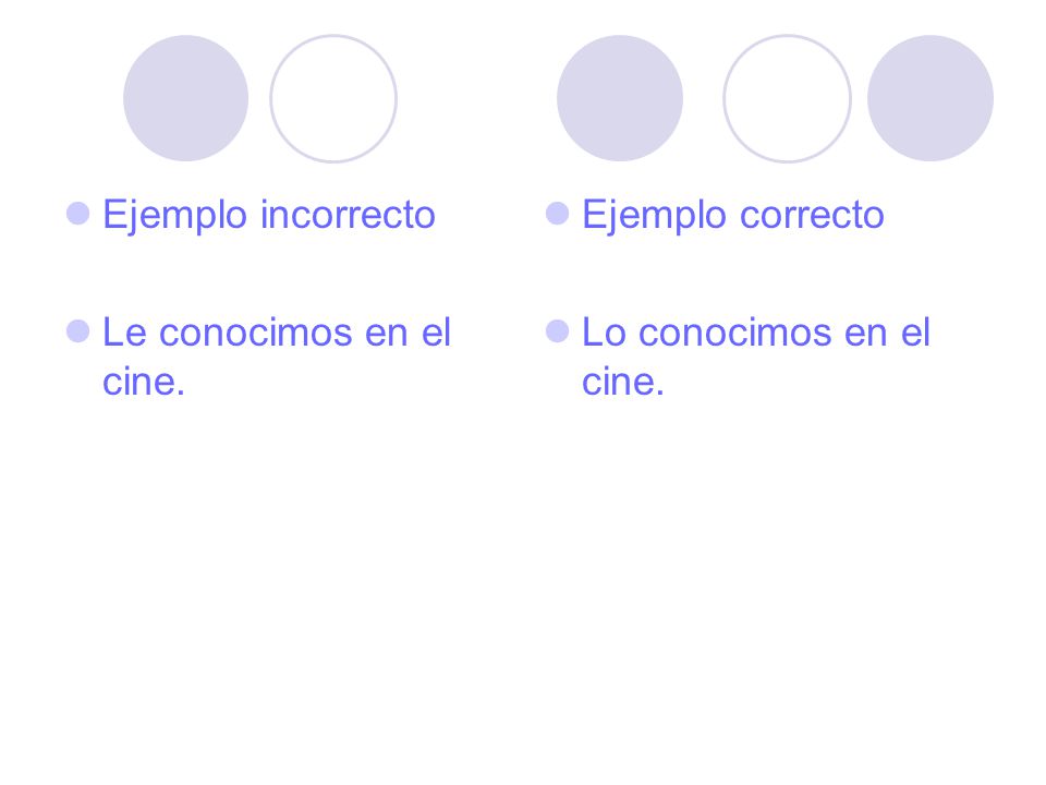 Ejemplo incorrecto Le conocimos en el cine. Ejemplo correcto Lo conocimos en el cine.