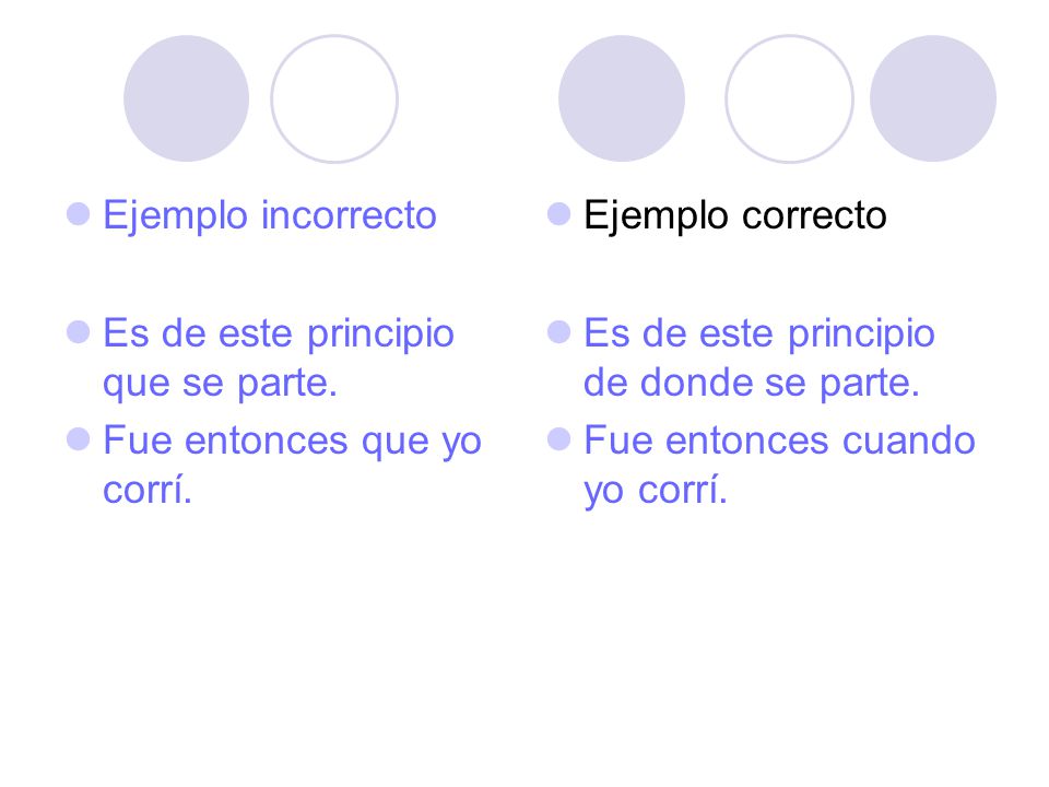 Ejemplo incorrecto Es de este principio que se parte. Fue entonces que yo corrí. Ejemplo correcto.