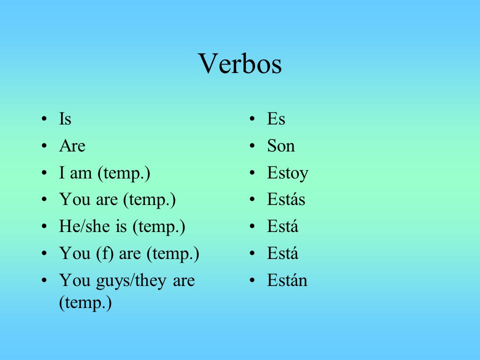 Verbos Is Are I am (temp.) You are (temp.) He/she is (temp.)