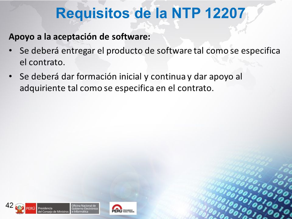 Requisitos de la NTP Apoyo a la aceptación de software: