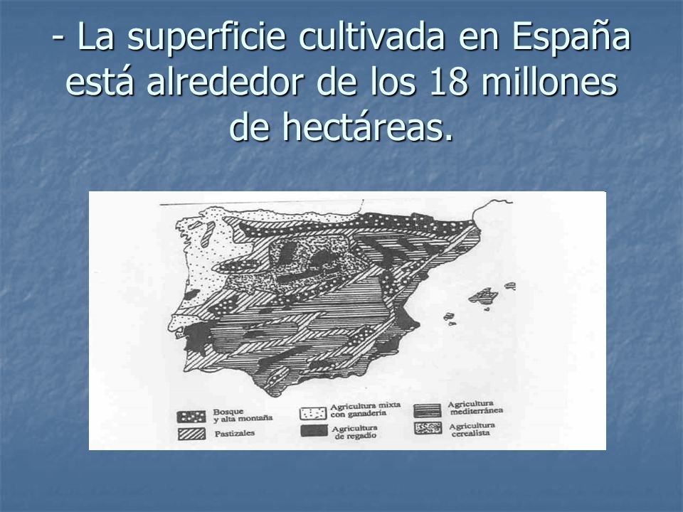 - La superficie cultivada en España está alrededor de los 18 millones de hectáreas.
