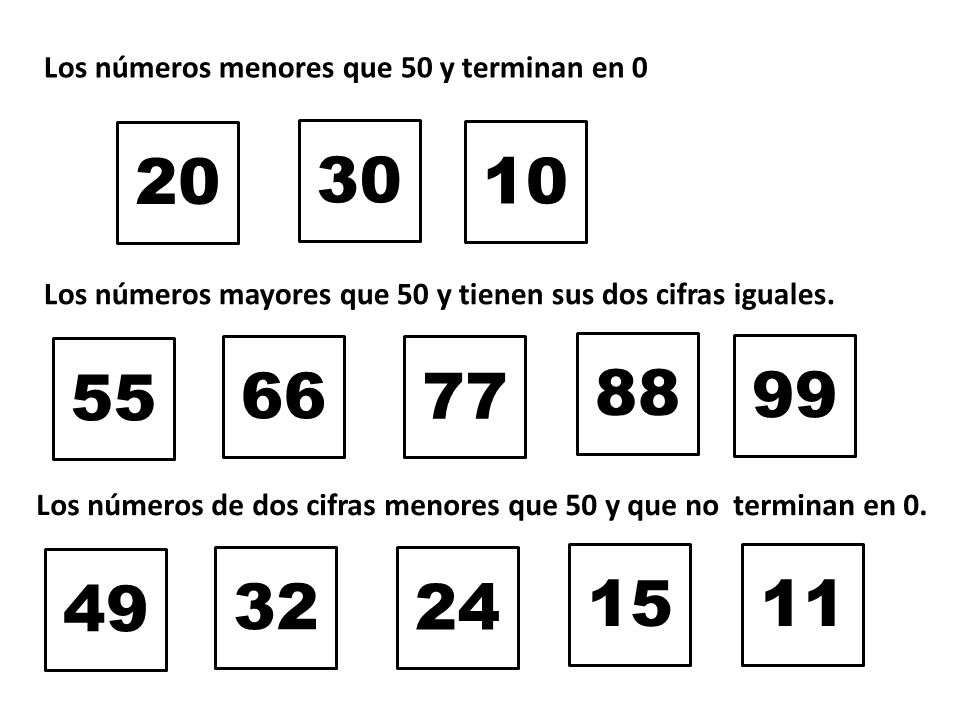 Los números menores que 50 y terminan en 0