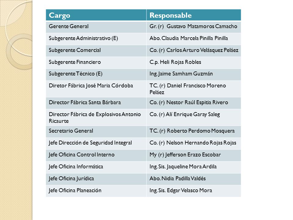 Cargo Responsable Gerente General Gr. (r) Gustavo Matamoros Camacho