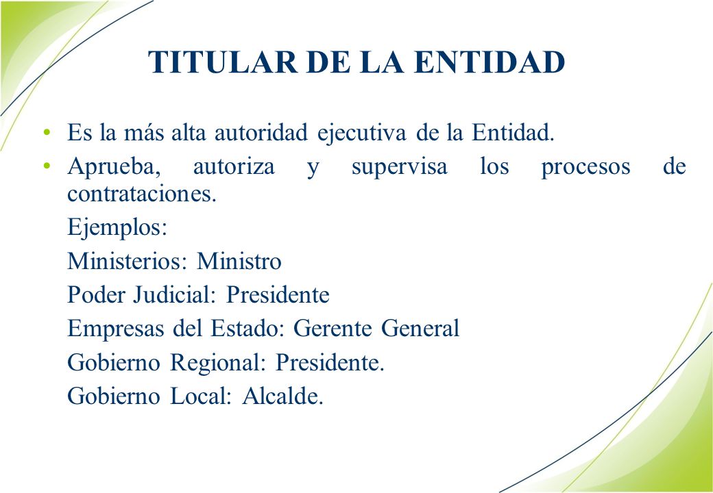 TITULAR DE LA ENTIDAD Es la más alta autoridad ejecutiva de la Entidad. Aprueba, autoriza y supervisa los procesos de contrataciones.