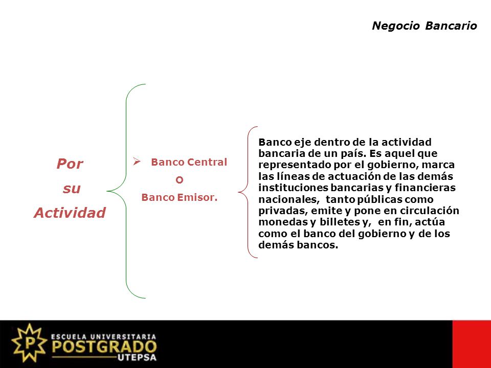Por su Actividad Banco Central Negocio Bancario O Banco Emisor.