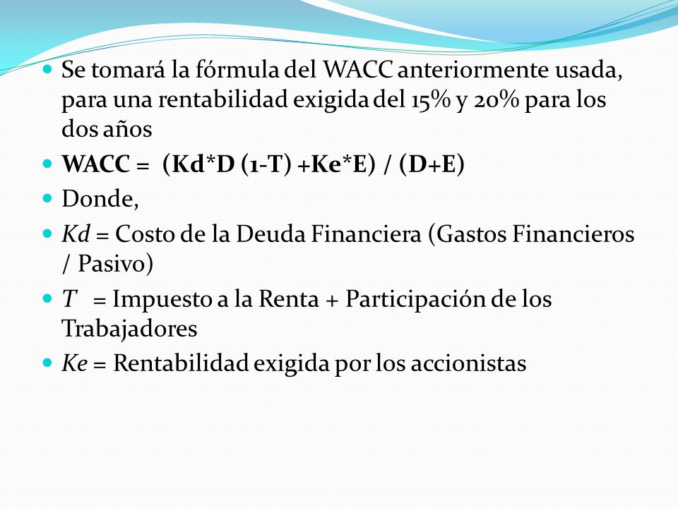 Se tomará la fórmula del WACC anteriormente usada, para una rentabilidad exigida del 15% y 20% para los dos años