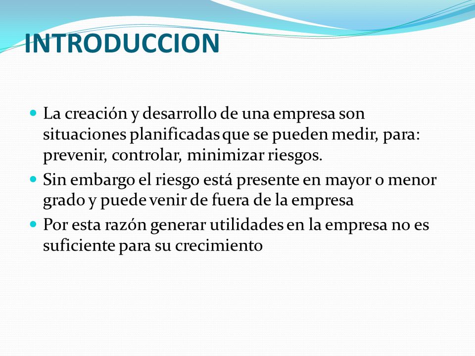 INTRODUCCION La creación y desarrollo de una empresa son situaciones planificadas que se pueden medir, para: prevenir, controlar, minimizar riesgos.
