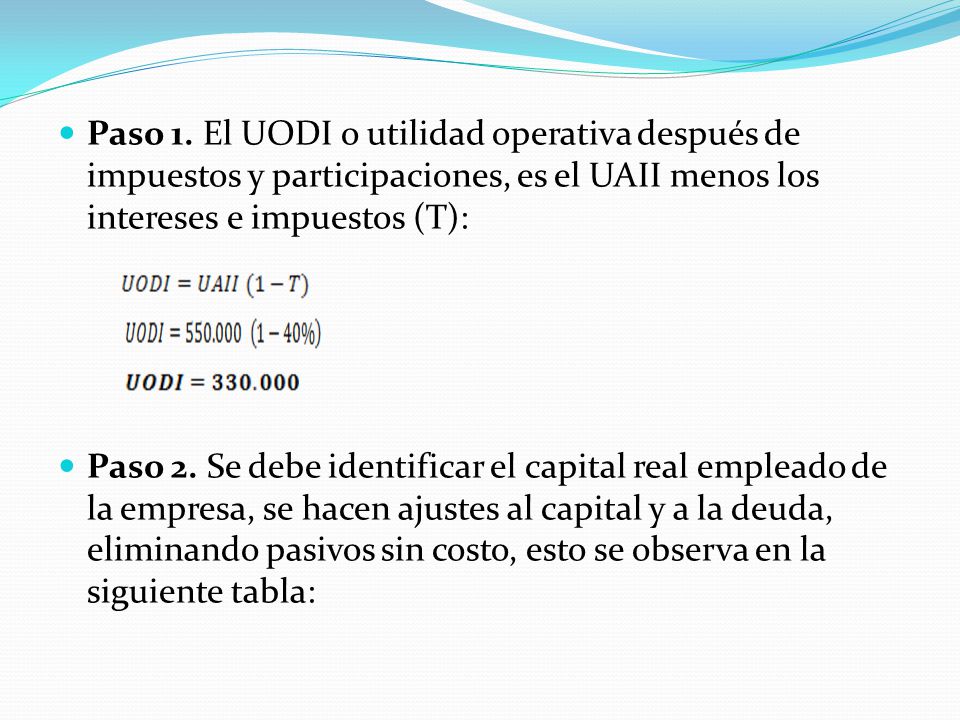 Paso 1. El UODI o utilidad operativa después de impuestos y participaciones, es el UAII menos los intereses e impuestos (T):