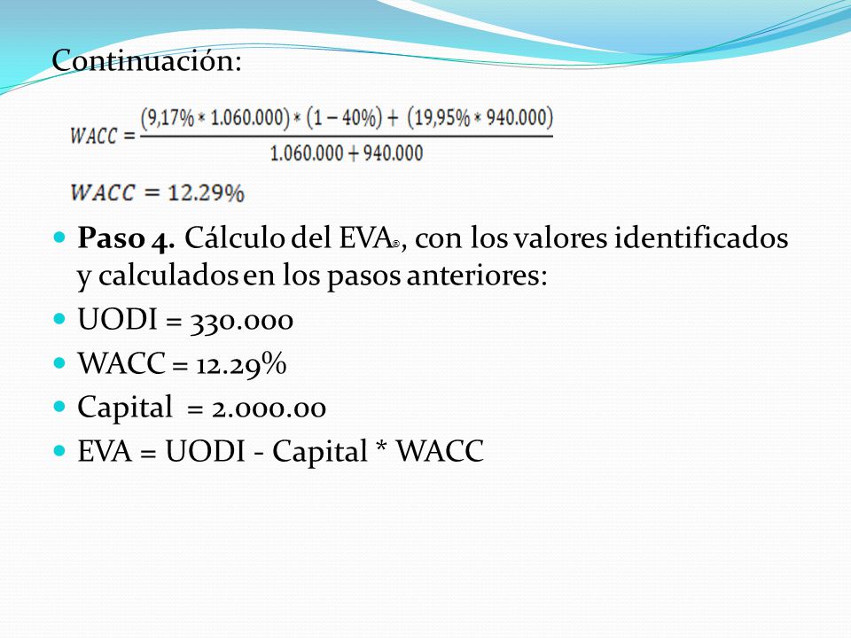 Continuación: Paso 4. Cálculo del EVA®, con los valores identificados y calculados en los pasos anteriores: