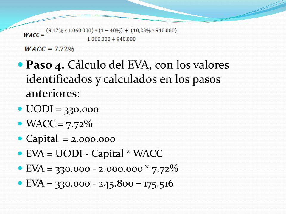 Paso 4. Cálculo del EVA, con los valores identificados y calculados en los pasos anteriores: