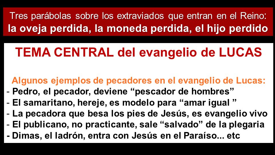 Tres parábolas sobre los extraviados que entran en el Reino: la oveja perdida, la moneda perdida, el hijo perdido
