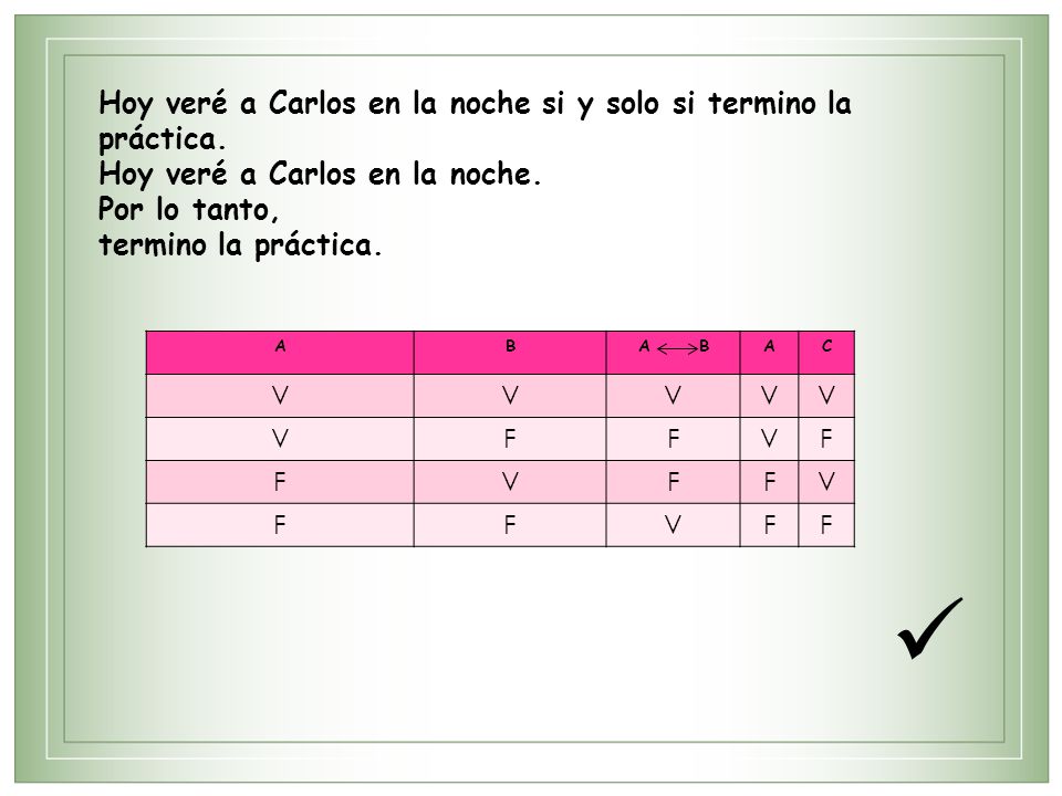  Hoy veré a Carlos en la noche si y solo si termino la práctica.