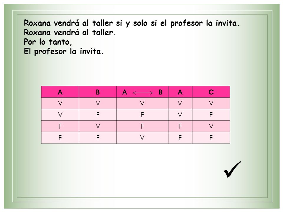  Roxana vendrá al taller si y solo si el profesor la invita.