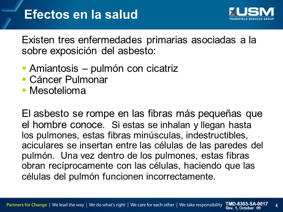 Efectos en la salud Existen tres enfermedades primarias asociadas a la sobre exposición del asbesto: