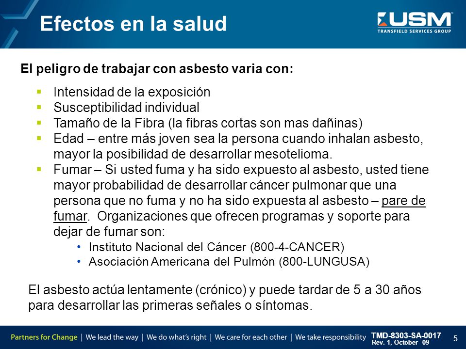 Efectos en la salud El peligro de trabajar con asbesto varia con: