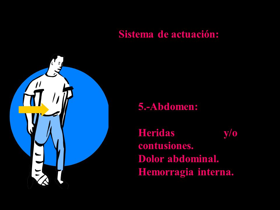 Sistema de actuación: 5.-Abdomen: Heridas y/o contusiones. Dolor abdominal. Hemorragia interna.