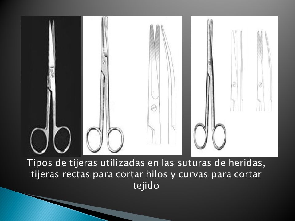 Tipos de tijeras utilizadas en las suturas de heridas, tijeras rectas para cortar hilos y curvas para cortar tejido