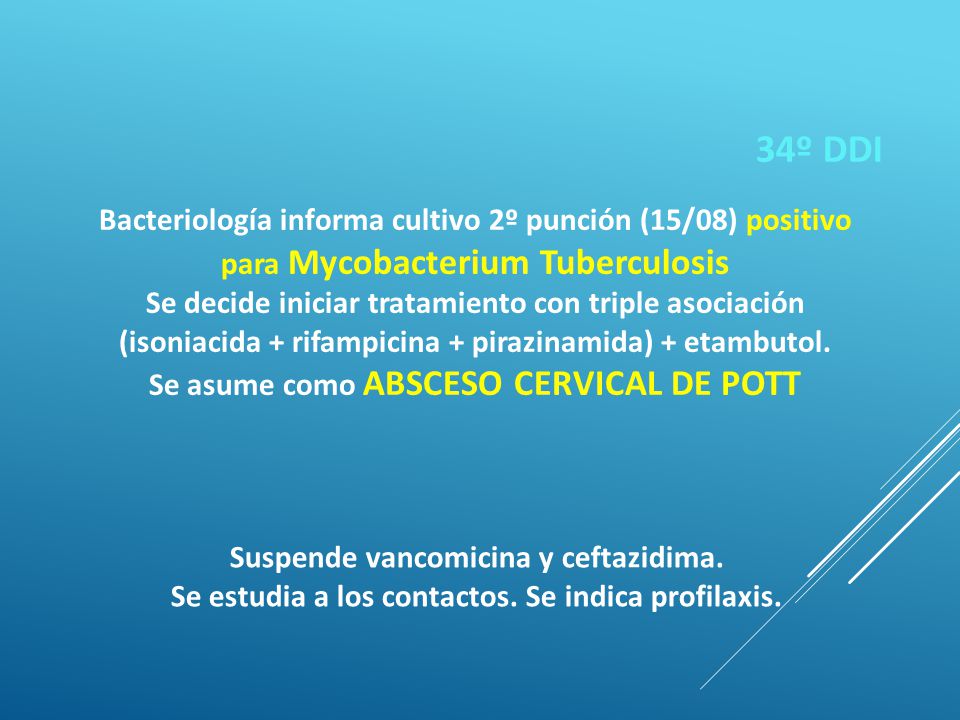 34º DDI Bacteriología informa cultivo 2º punción (15/08) positivo para Mycobacterium Tuberculosis.