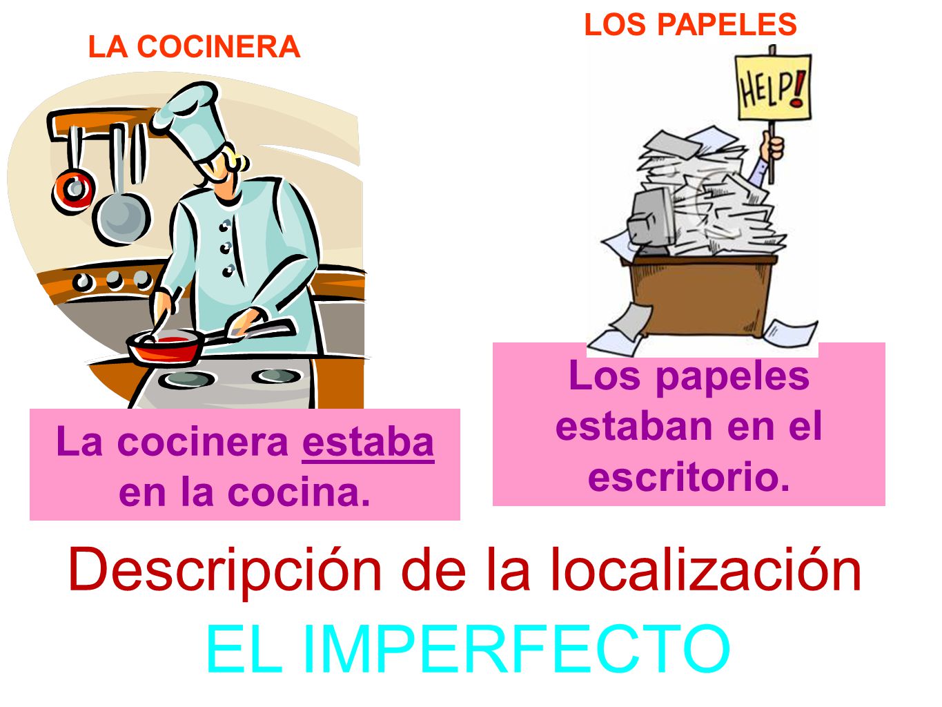 Los papeles estaban en el escritorio. La cocinera estaba en la cocina.