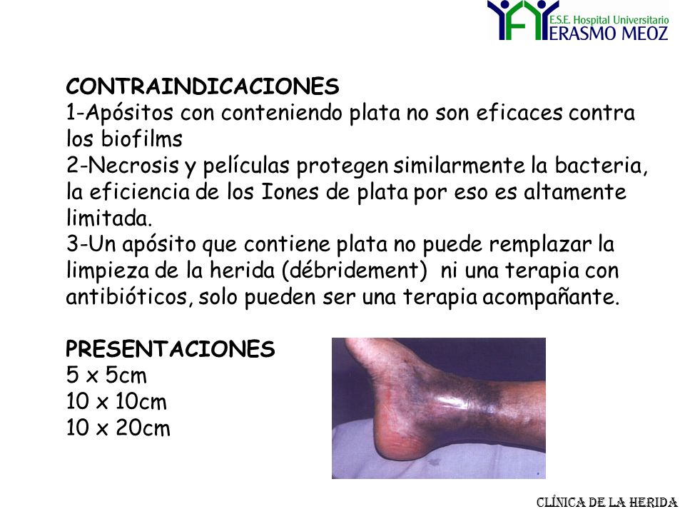 CONTRAINDICACIONES 1-Apósitos con conteniendo plata no son eficaces contra los biofilms 2-Necrosis y películas protegen similarmente la bacteria, la eficiencia de los Iones de plata por eso es altamente limitada. 3-Un apósito que contiene plata no puede remplazar la limpieza de la herida (débridement) ni una terapia con antibióticos, solo pueden ser una terapia acompañante. PRESENTACIONES 5 x 5cm 10 x 10cm 10 x 20cm
