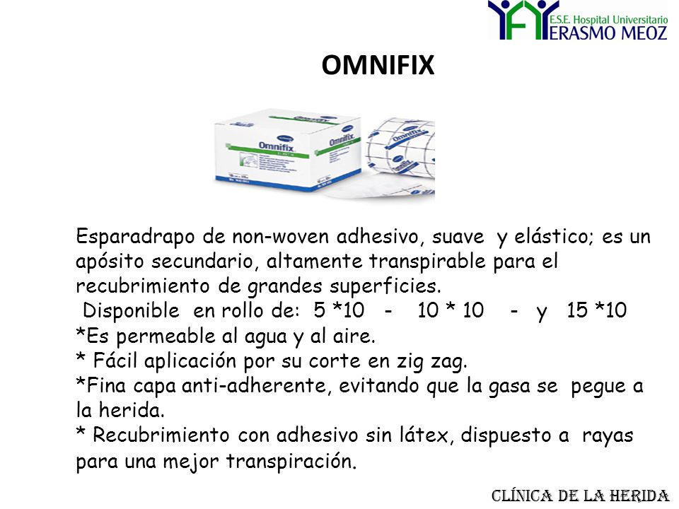 OMNIFIX Esparadrapo de non-woven adhesivo, suave y elástico; es un apósito secundario, altamente transpirable para el recubrimiento de grandes superficies. Disponible en rollo de: 5 * * 10 - y 15 *10 *Es permeable al agua y al aire. * Fácil aplicación por su corte en zig zag. *Fina capa anti-adherente, evitando que la gasa se pegue a la herida. * Recubrimiento con adhesivo sin látex, dispuesto a rayas para una mejor transpiración.