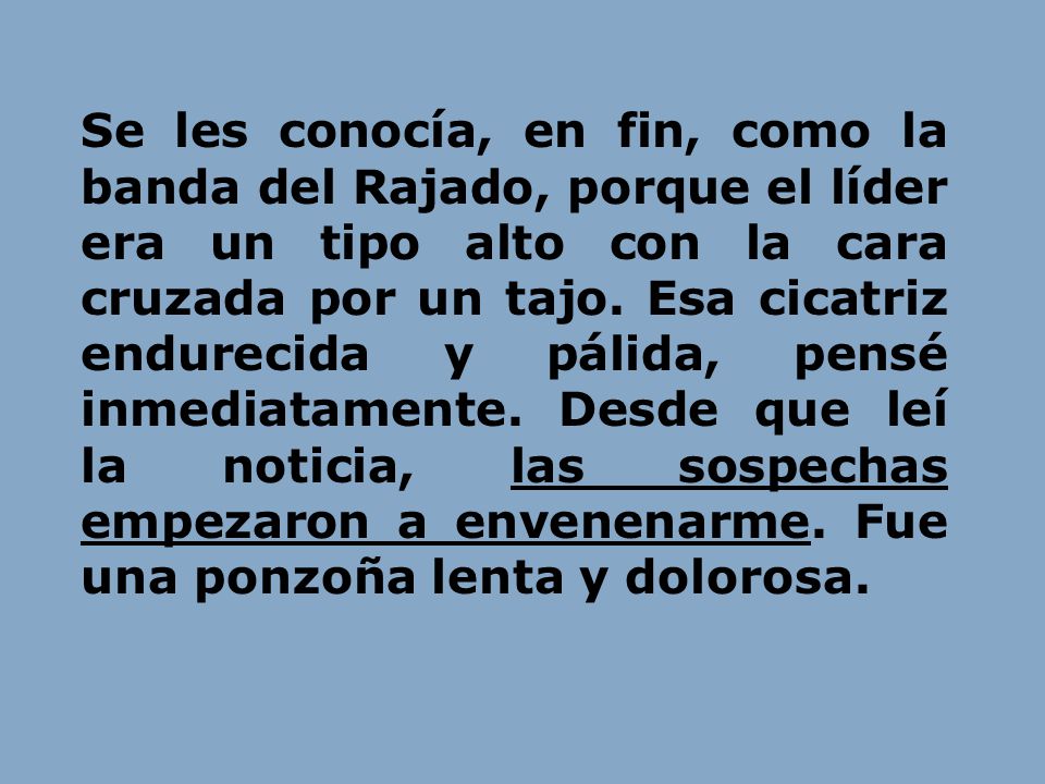 Se les conocía, en fin, como la banda del Rajado, porque el líder era un tipo alto con la cara cruzada por un tajo.