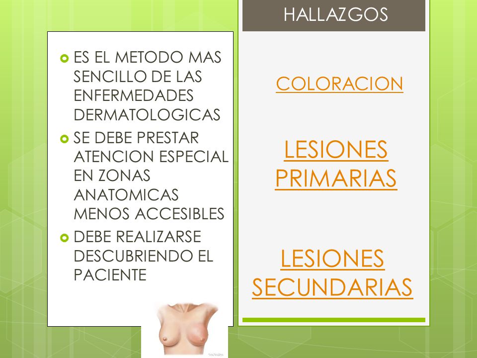 LESIONES PRIMARIAS LESIONES SECUNDARIAS HALLAZGOS COLORACION