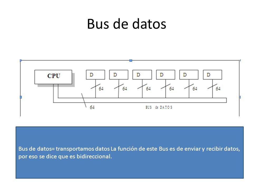 Bus de datos Bus de datos= transportamos datos La función de este Bus es de enviar y recibir datos, por eso se dice que es bidireccional.